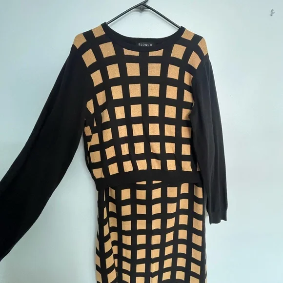 Eloquii Black and Tan Checkered Sweater Skirt Set - Picture 3 of 5